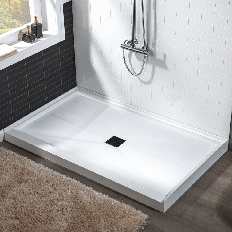 36" White Solid Surface Square Shower Pan Base with Oil-Rubbed Bronze Drain Cover