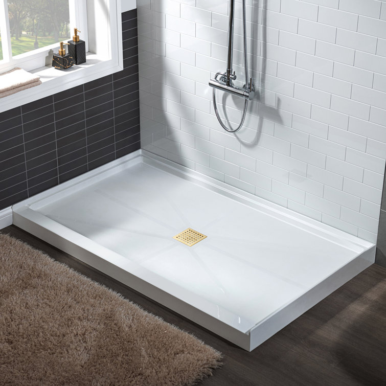 36" White Solid Surface Shower Pan Base with Brushed Gold Drain Cover