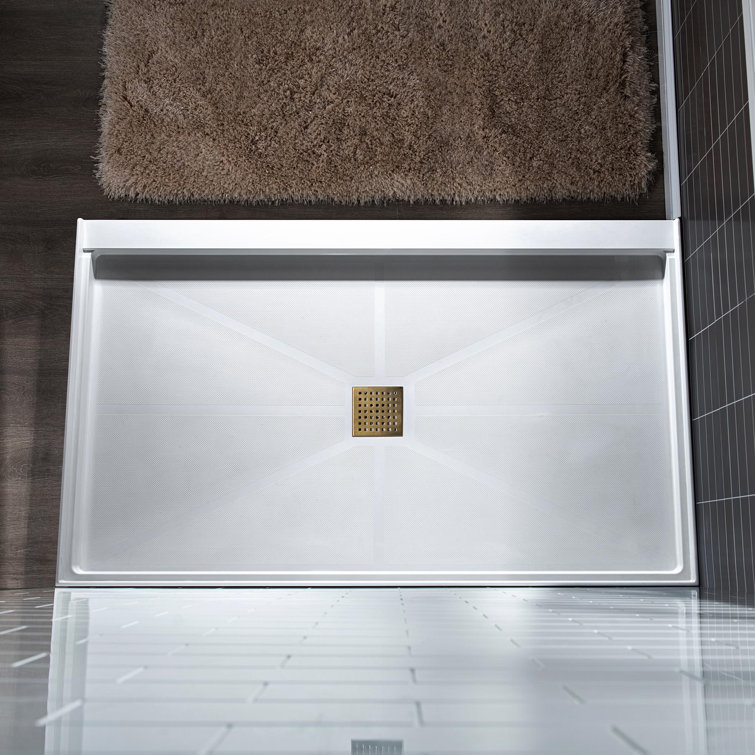 36" White Solid Surface Shower Pan Base with Brushed Gold Drain Cover