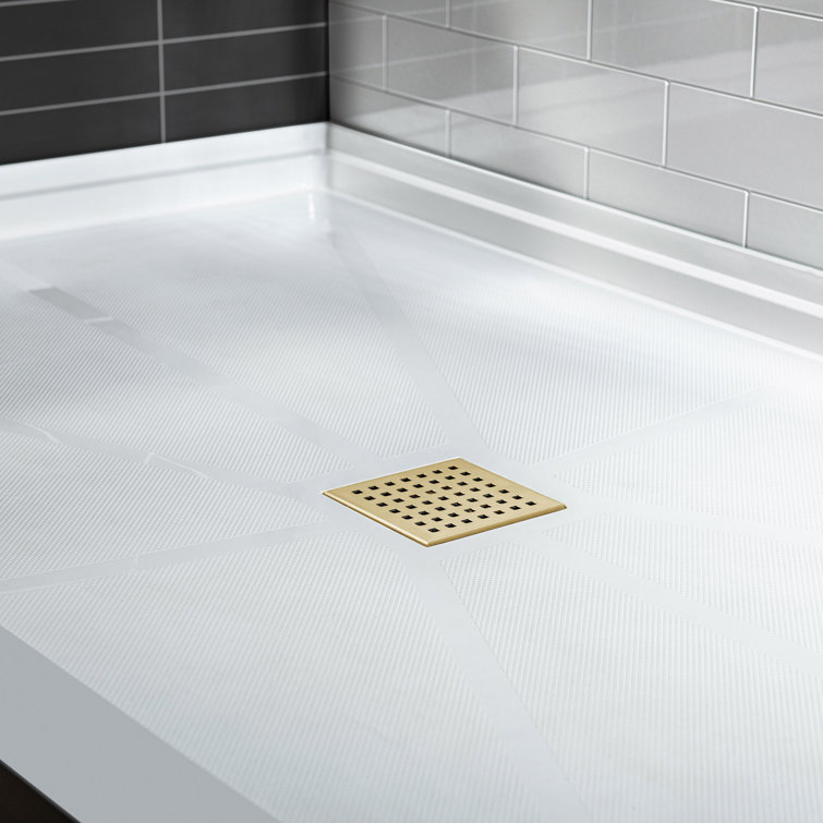 36" White Solid Surface Shower Pan Base with Brushed Gold Drain Cover