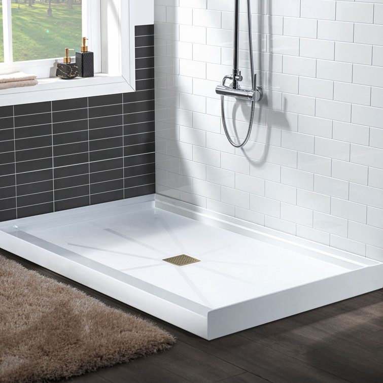 36" White Solid Surface Shower Pan Base with Brushed Gold Drain Cover