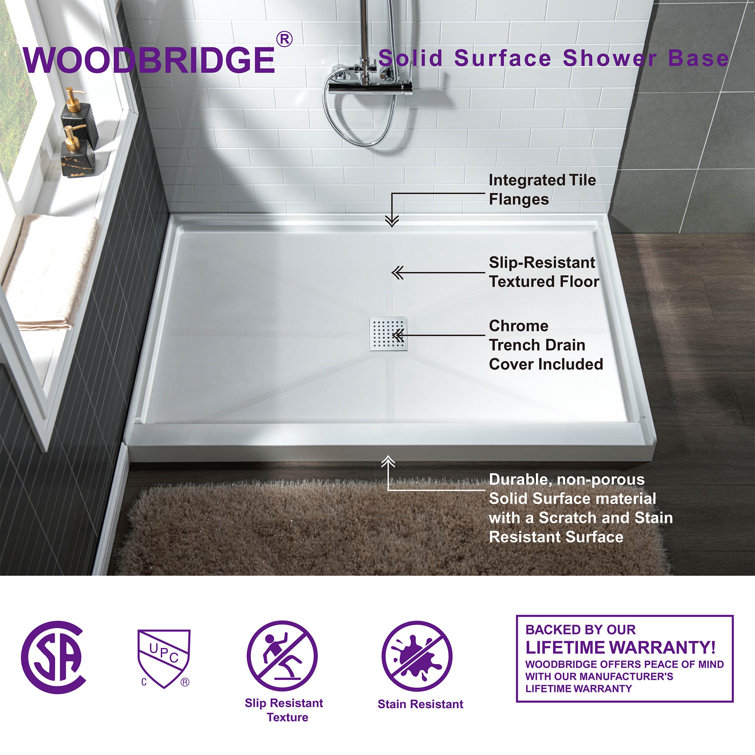 48" White Solid Surface Rectangular Shower Pan with Center Drain
