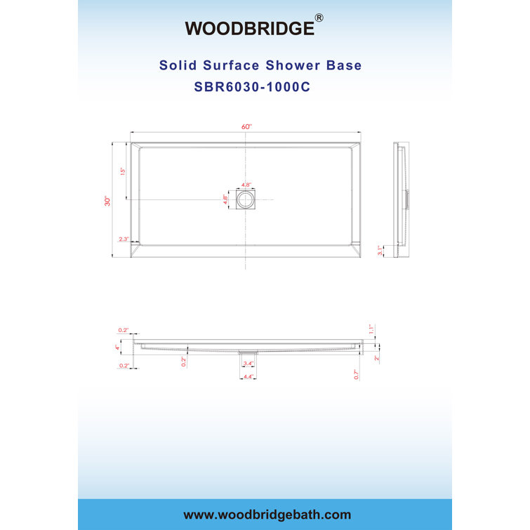 60" White Solid Surface Rectangular Shower Pan with Center Drain
