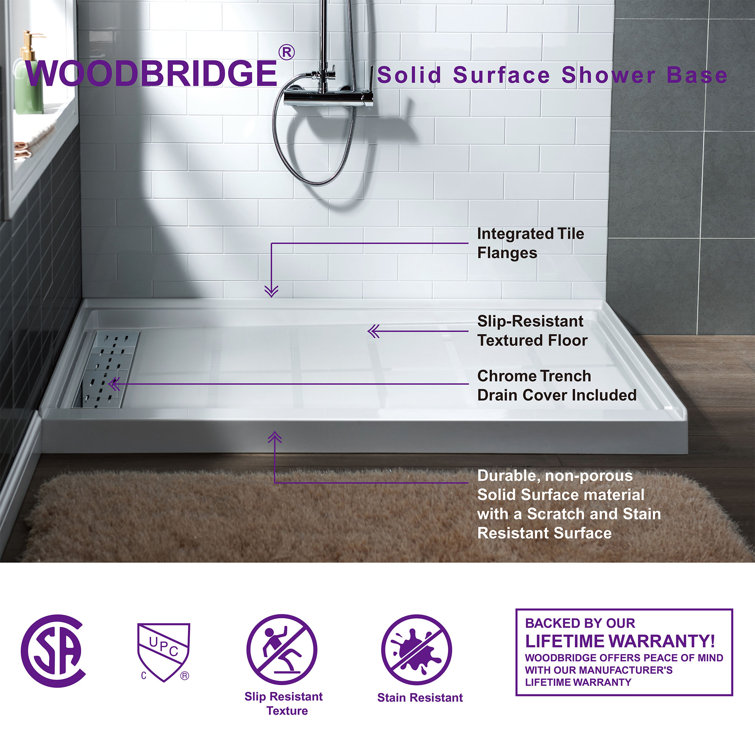 60" White Solid Surface Rectangular Shower Pan Base with Left Drain