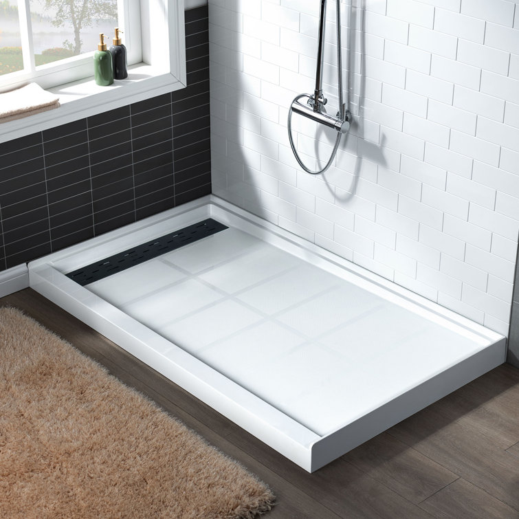 60" White Solid Surface Rectangular Shower Pan with Matte Black Drain Cover