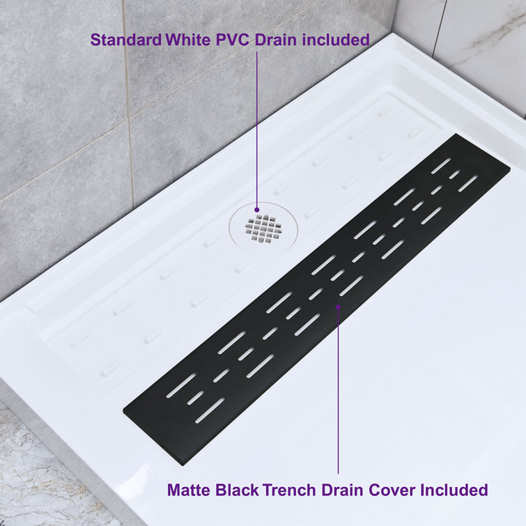 48" White Rectangular Shower Pan with Matte Black Drain Cover