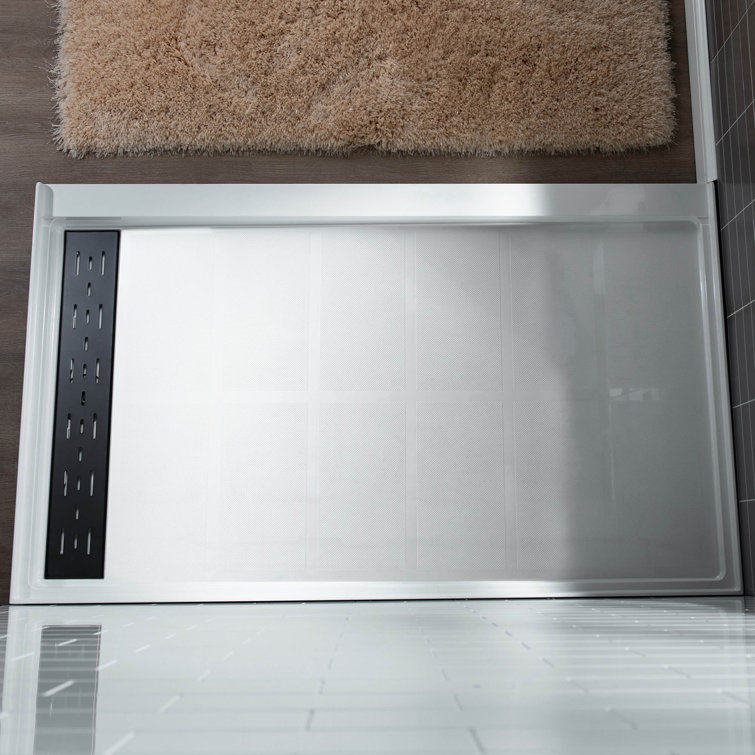 White Rectangular Shower Pan with Matte Black Drain Cover