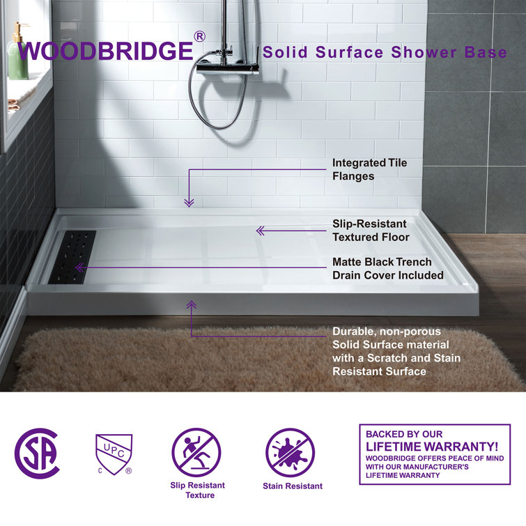 60" White Solid Surface Rectangular Shower Pan with Matte Black Drain Cover
