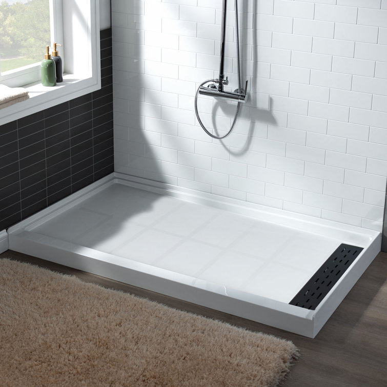 48" White Rectangular Shower Pan with Matte Black Drain Cover