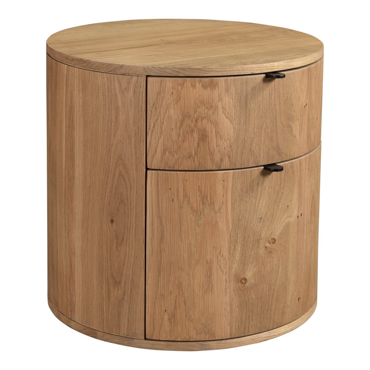 Scandinavian Solid Oak 2-Drawer Round Nightstand in Natural Brown