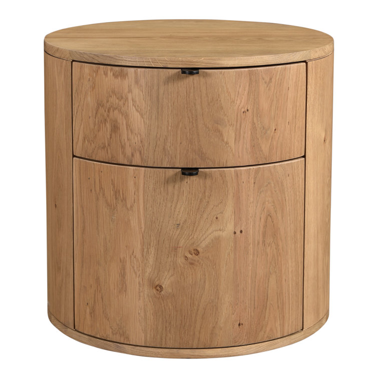 Scandinavian Solid Oak 2-Drawer Round Nightstand in Natural Brown