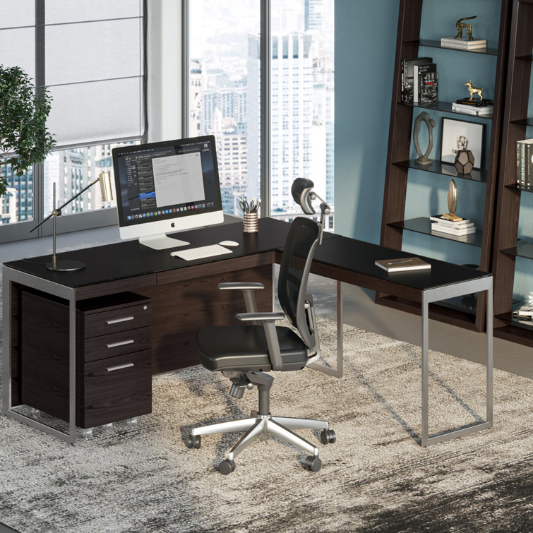 Charcoal Stained Ash and Satin Nickel Desk Return with Drawer