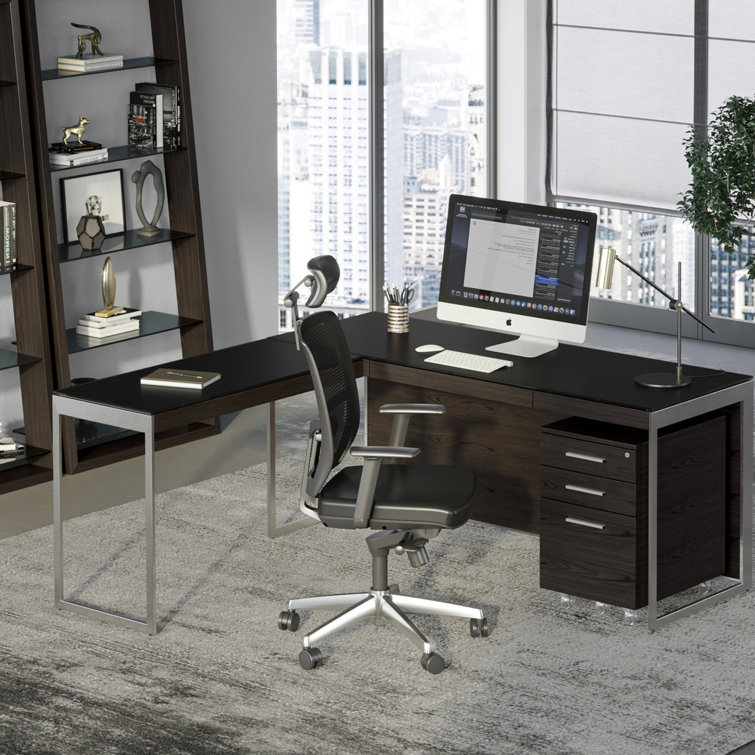 Charcoal Stained Ash and Satin Nickel Desk Return with Drawer