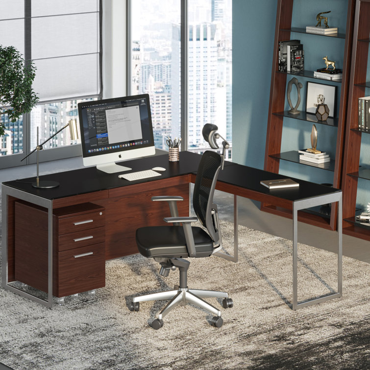 Chocolate Walnut and Satin Nickel Glass Top Desk with Drawer