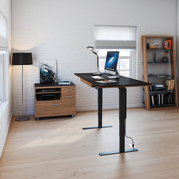 Natural Walnut and Satin Nickel Mobile Filing Cabinet with Black Glass Top
