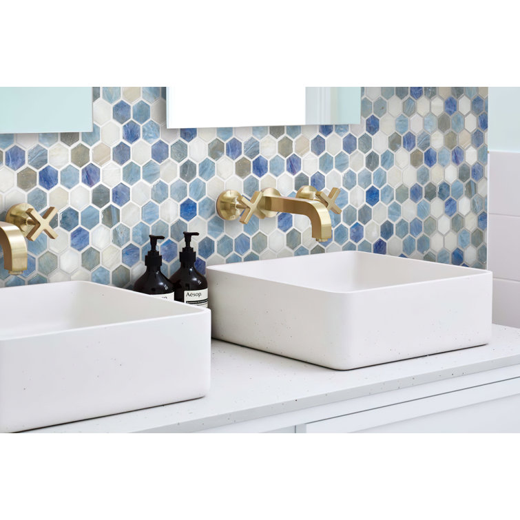 11" x 12" Blue and White Glass Hexagon Mosaic Tile