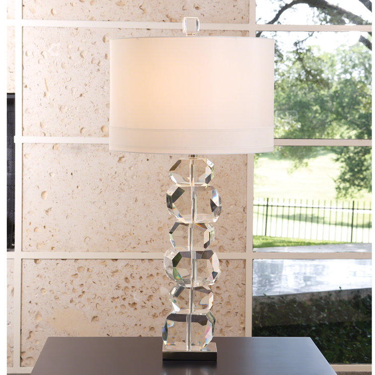 Tall White Crystal Table Lamp with Silk Shade