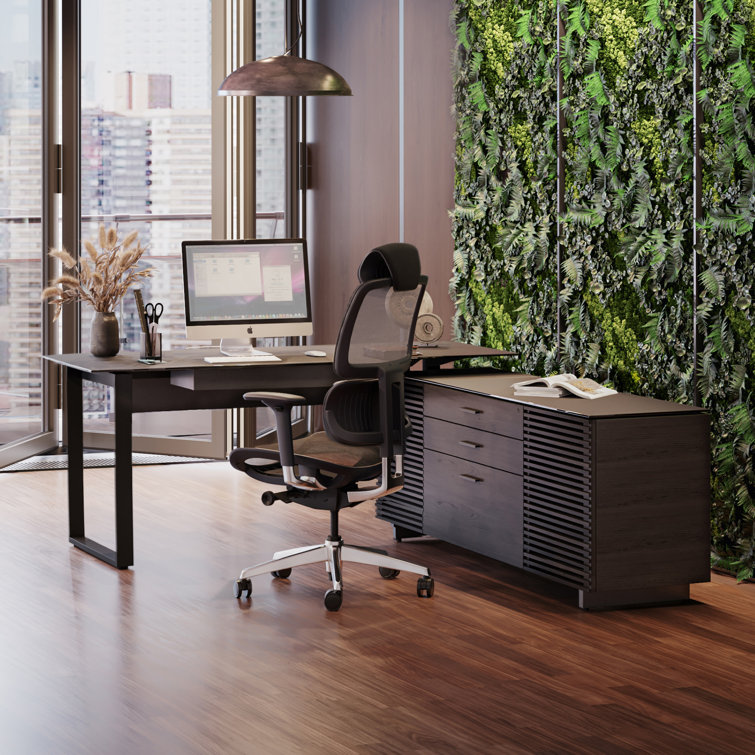Corridor Natural Walnut Executive L-Shaped Desk with Glass Top