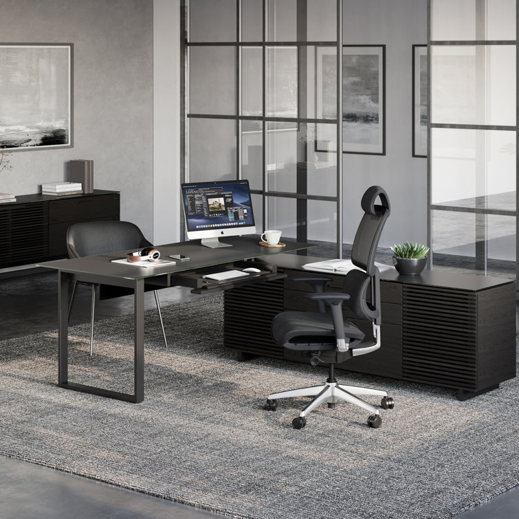 Corridor Natural Walnut Executive L-Shaped Desk with Glass Top