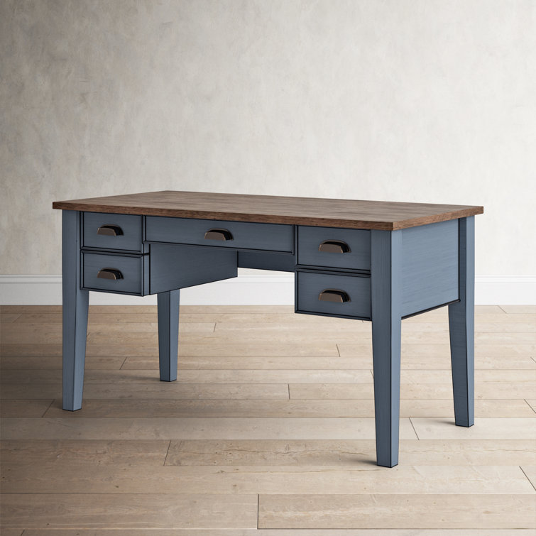 Transitional Blue-Brown Wood Executive Desk with Power Outlet and Drawers