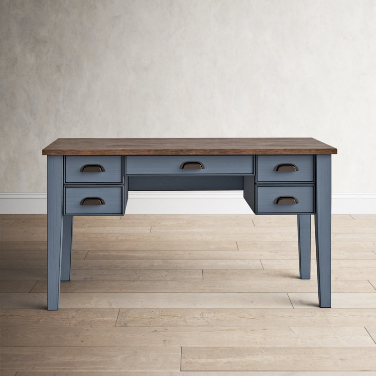 Transitional Blue-Brown Wood Executive Desk with Power Outlet and Drawers