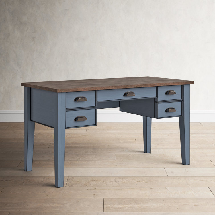 Transitional Blue-Brown Wood Executive Desk with Power Outlet and Drawers