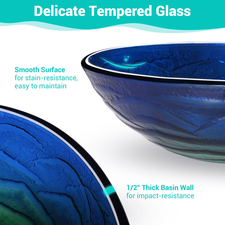 Gradient Blue-Green Tempered Glass Round Vessel Sink