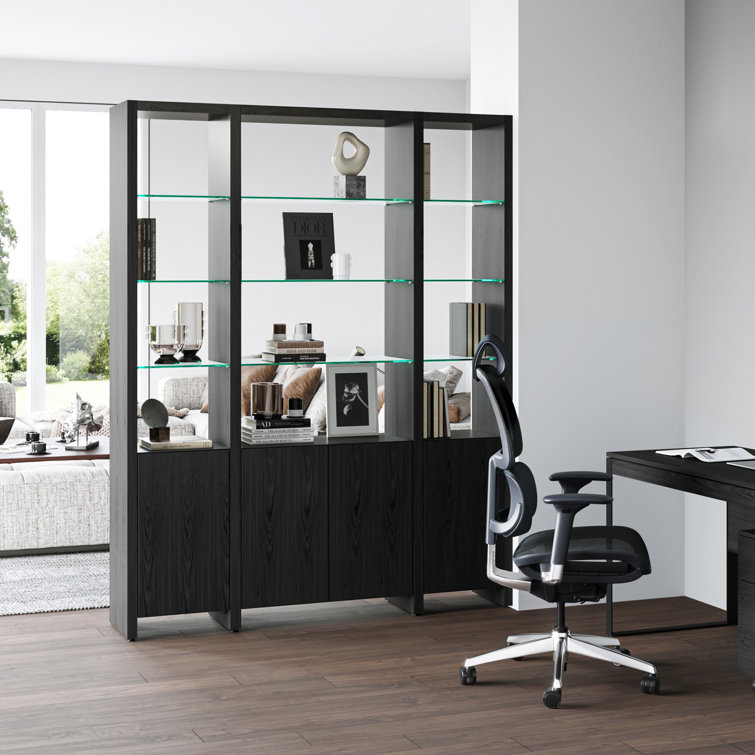 Charcoal Stained Ash Adjustable Narrow Bookcase with Glass Shelves