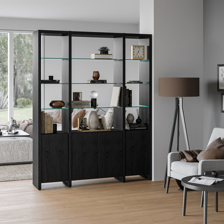 Charcoal Stained Ash Adjustable Narrow Bookcase with Glass Shelves
