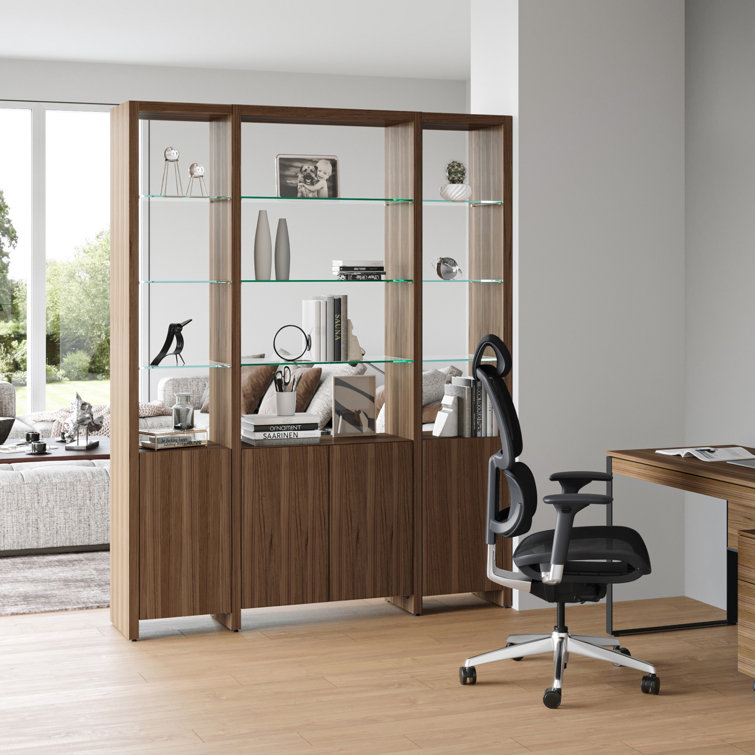 Natural Walnut Adjustable Narrow Bookcase with Glass Shelves