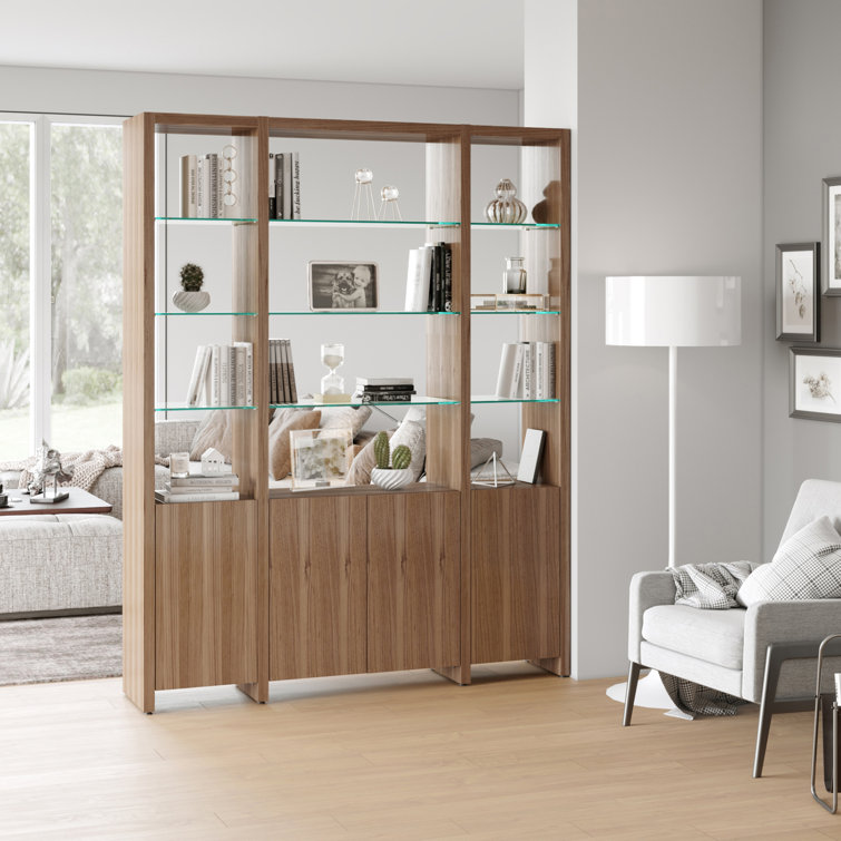 Natural Walnut Adjustable Narrow Bookcase with Glass Shelves