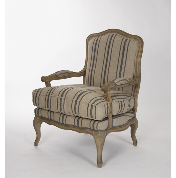 English Khaki Linen and Blue Stripe Handcrafted Armchair