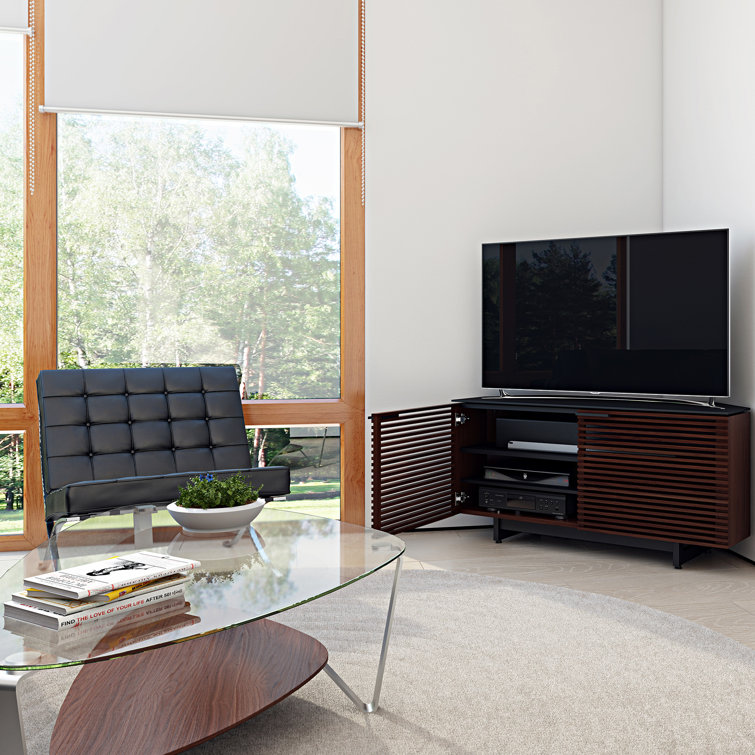 Chocolate Stained Walnut Corner Media Cabinet with Glass Top