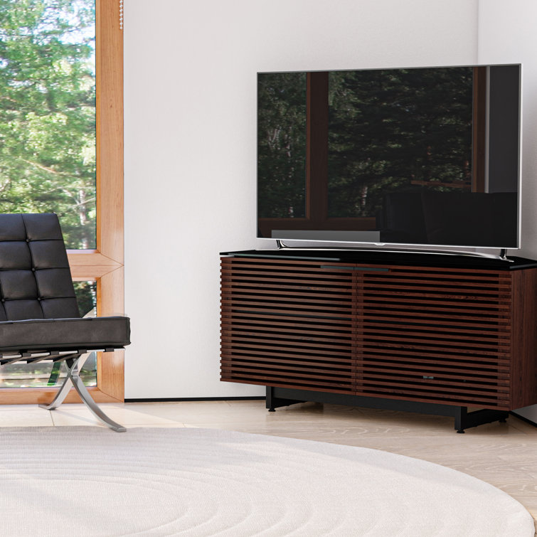 Chocolate Stained Walnut Corner Media Cabinet with Glass Top