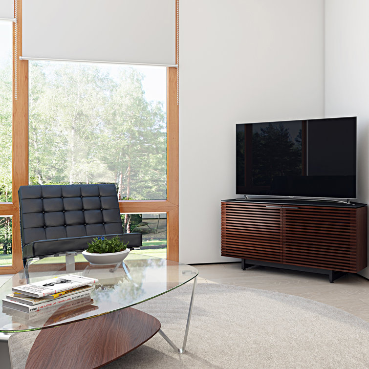 Chocolate Stained Walnut Corner Media Cabinet with Glass Top