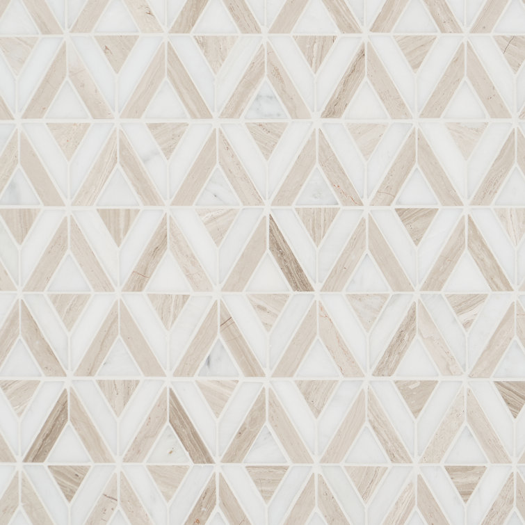 Wooden Beige and White Geometric Marble Mosaic Tile Sheet