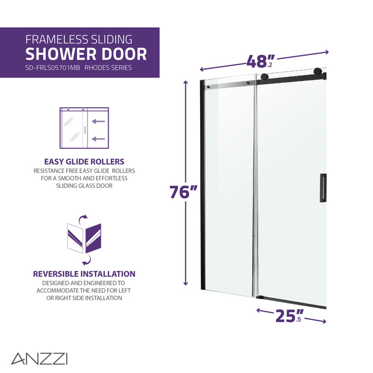 Rhodes 48" x 76" Frameless Sliding Shower Door in Matte Black