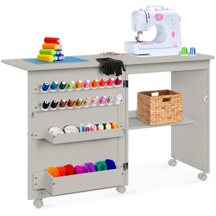 Gray Folding Sewing Table with Storage and Wheels