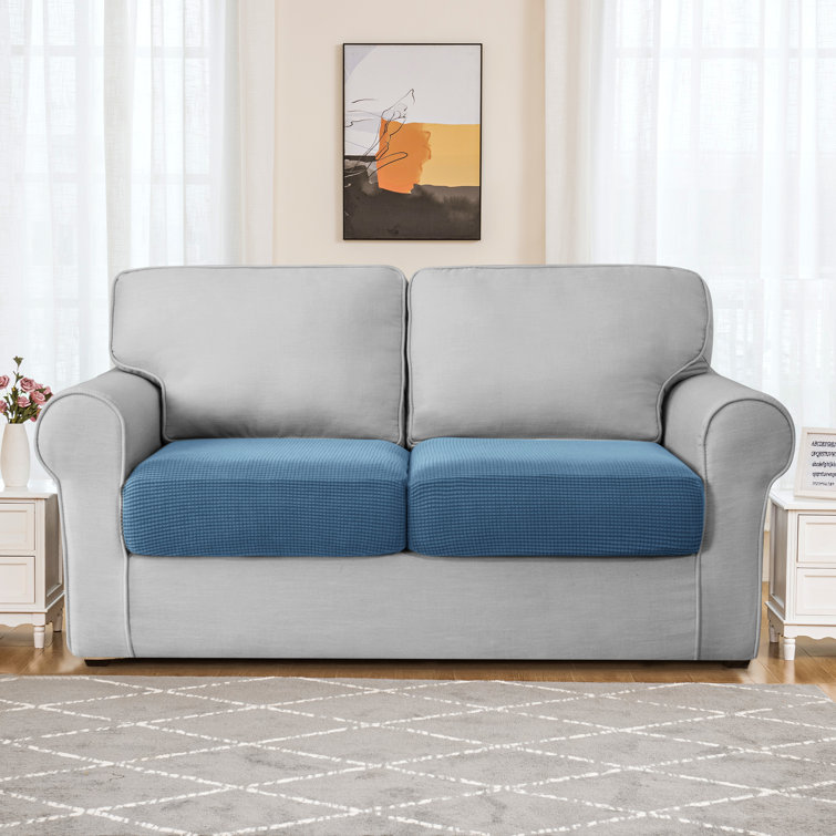 Denim Blue Stretch Textured Grid Cushion Covers, 2PCS