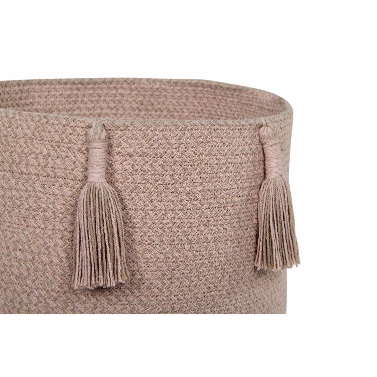 Vintage Nude and Linen Round Cotton Storage Basket with Tassels