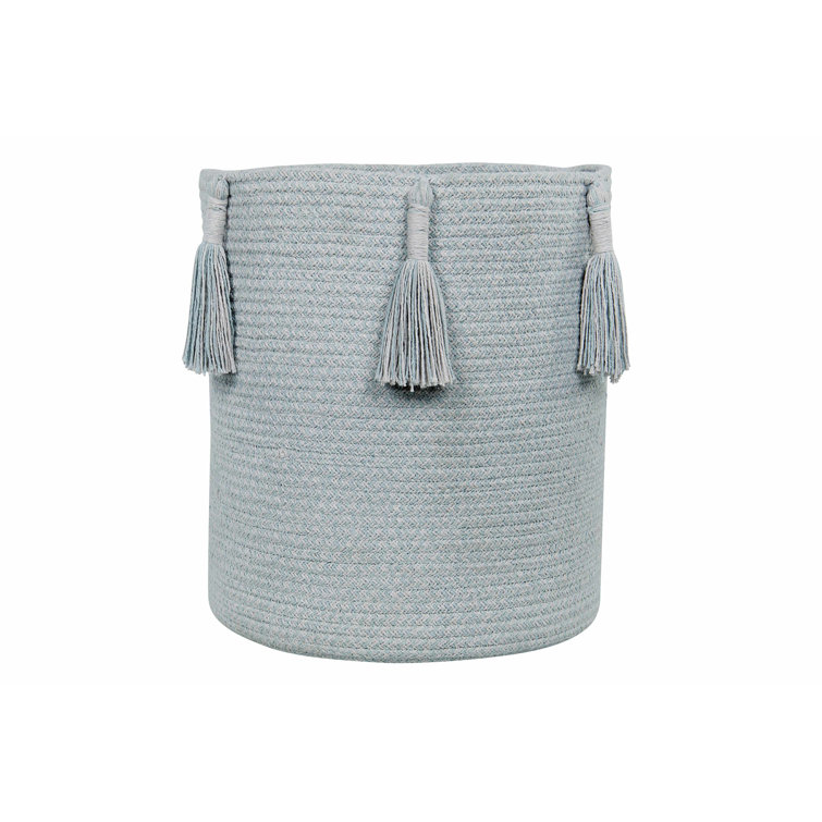 Pearl Blue Round Cotton Fabric Basket with Tassels