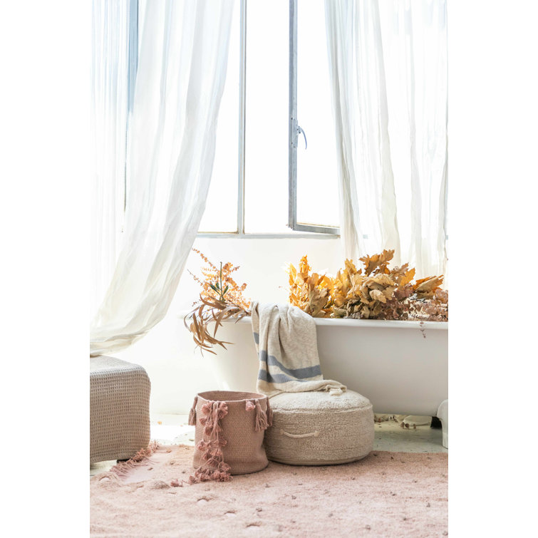 Vintage Nude and Linen Round Cotton Storage Basket with Tassels