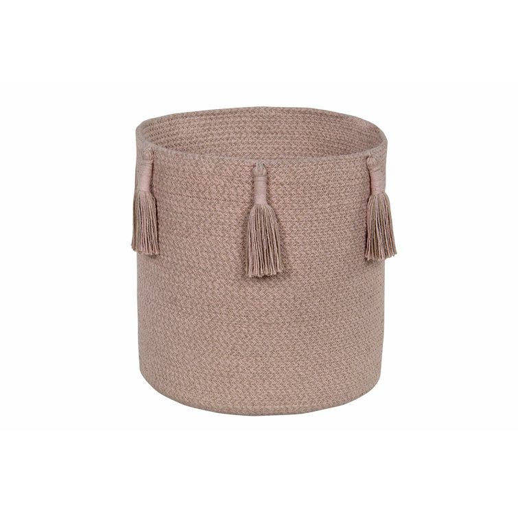 Vintage Nude and Linen Round Cotton Storage Basket with Tassels