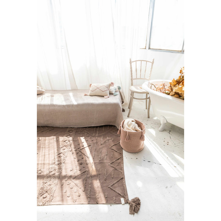 Vintage Nude and Linen Round Cotton Storage Basket with Tassels