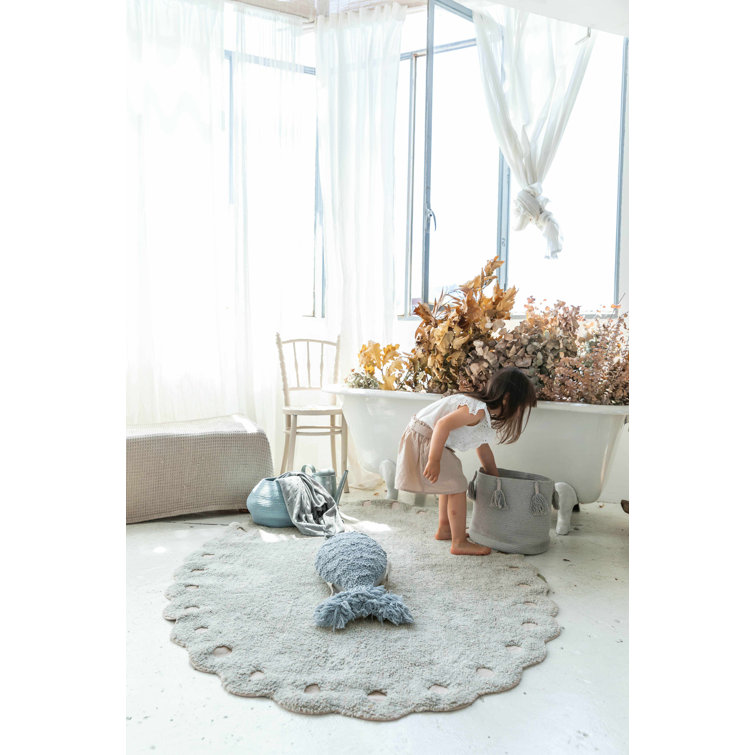 Pearl Blue Round Cotton Fabric Basket with Tassels