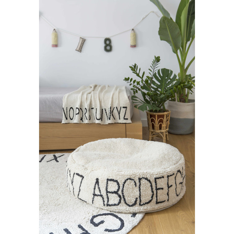 ABC Tufted Round Upholstered Pouf in Natural & Black