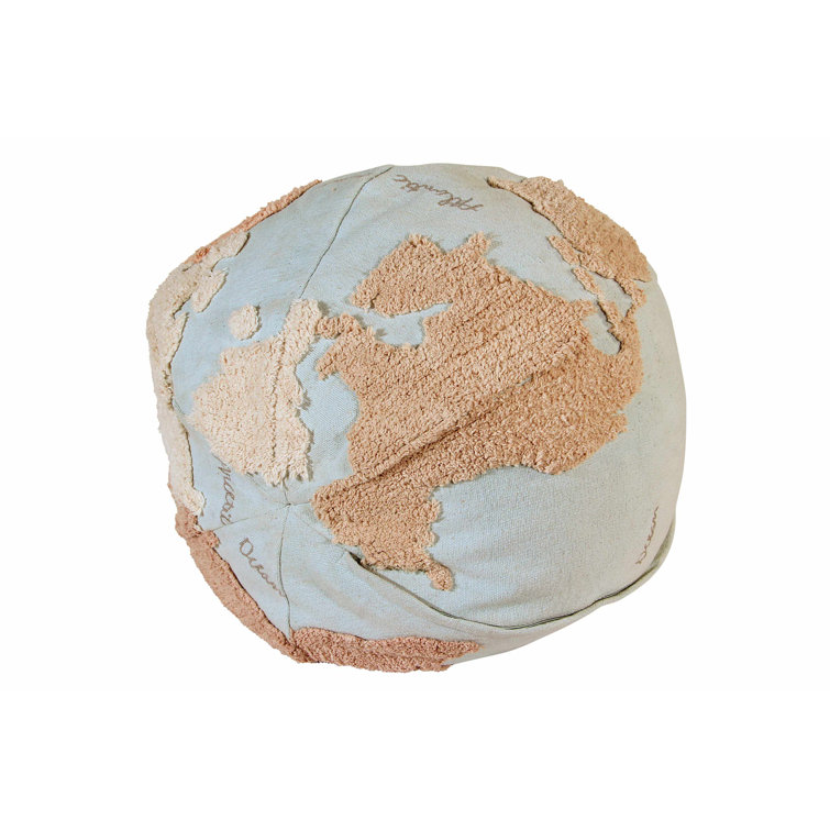 Globe Explorer Tufted Round Pouf in Light Blue and Natural Tones