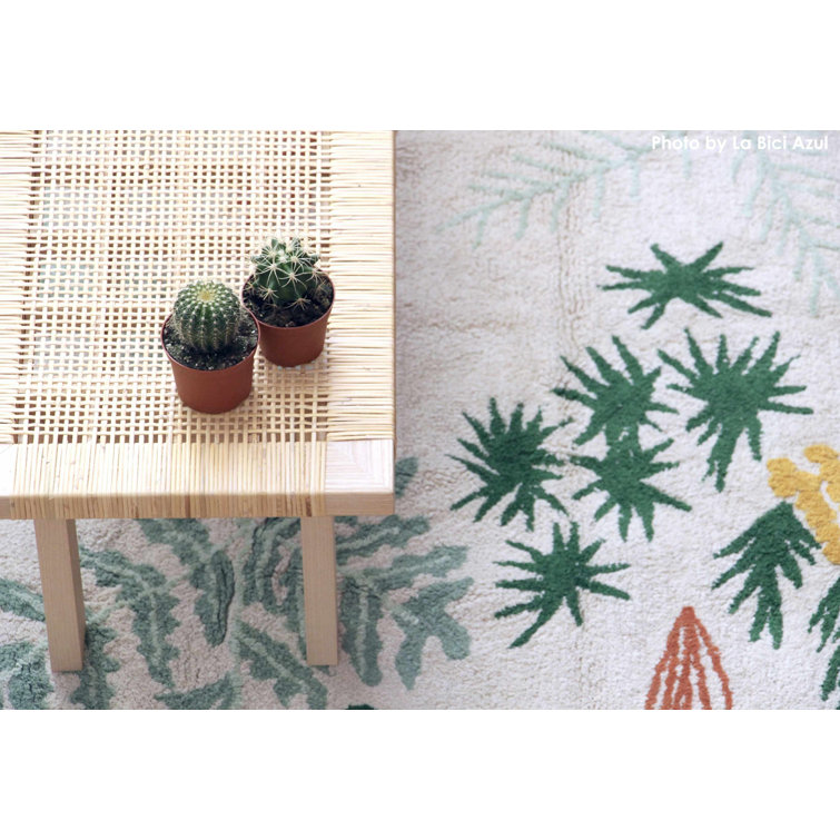 Cream Rectangular Botanic Plants Wool Cotton Area Rug