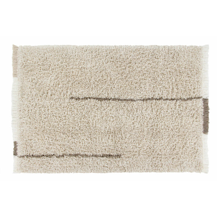 Beige Wool Flat Woven Washable Area Rug with Fringe