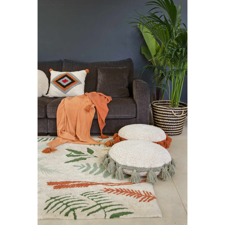 Cream Rectangular Botanic Plants Wool Cotton Area Rug